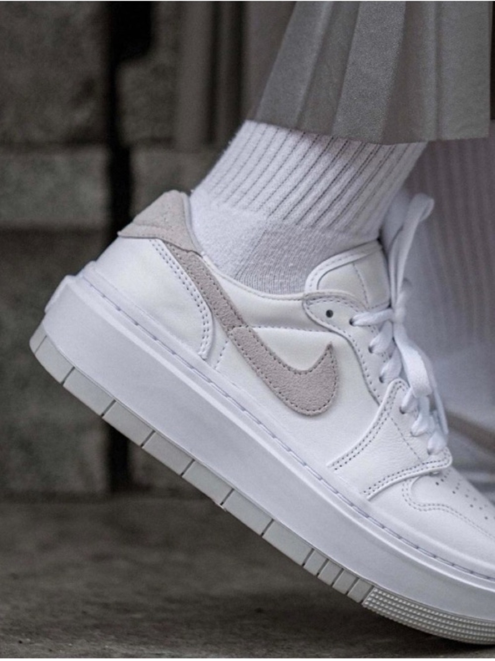 Women’s White Elevate Low AJ1 Sneakers with Light Gray Accent